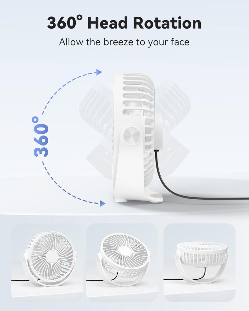 Edvision USB Desk Fan, 5 Inch Mini Portable, 3 Speeds Strong Airflow Personal Desktop, Detachable Cooling Fan 360° Rotation Quiet Small Fan for Desk Home Office Travel Car, White, 5ft Cable - Image 3